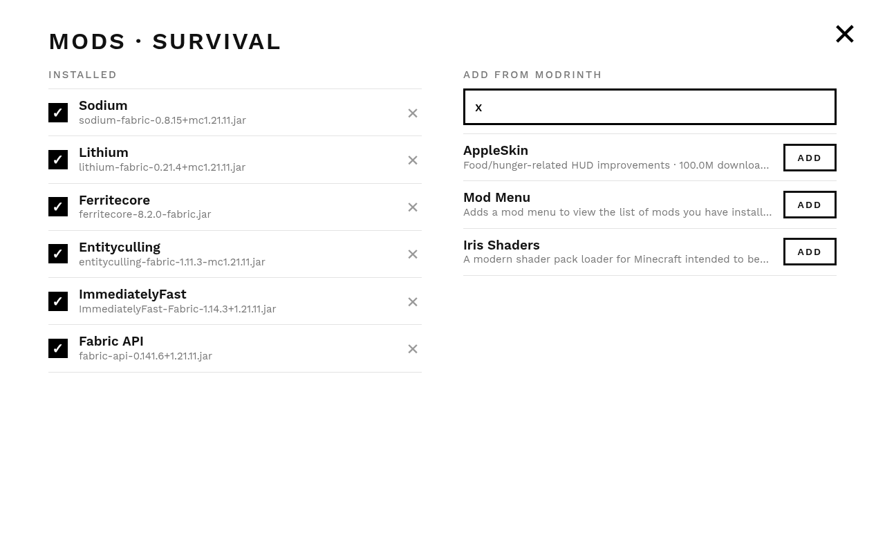 Mods screen with Modrinth search